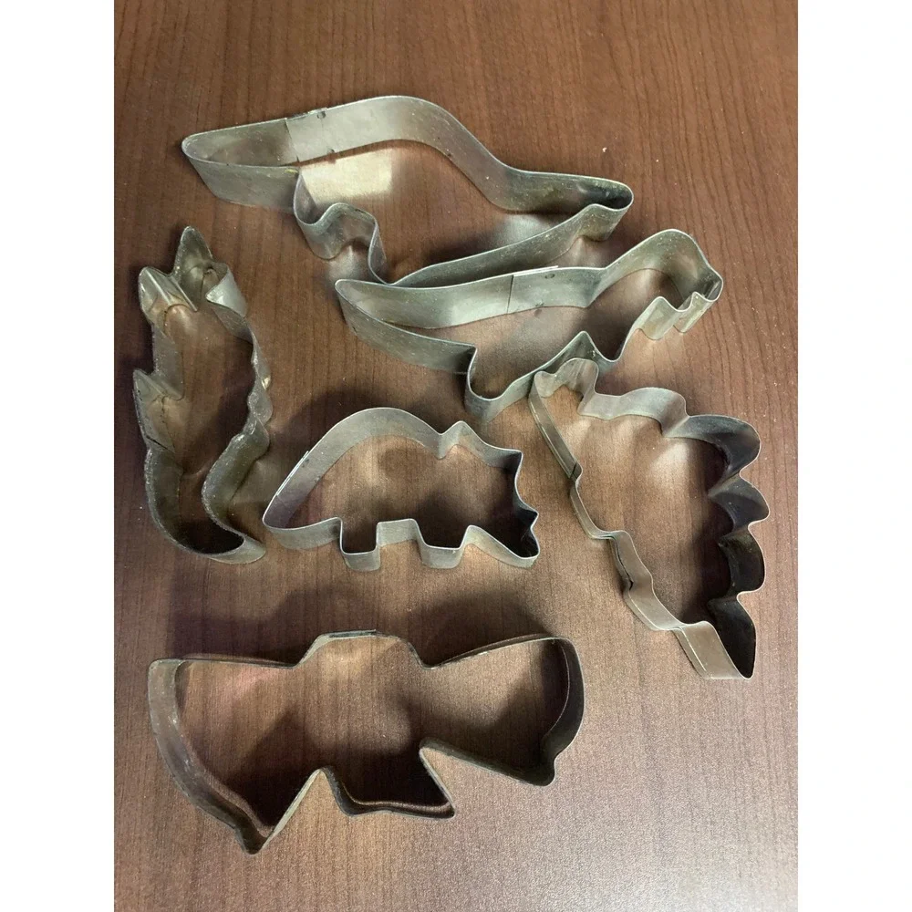 Vintage Dinosaur Metal Cookie Cutter Set Silver 6 Piece Prehistoric Shapes